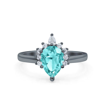Teardrop Art Deco Pear Engagement Ring Black Tone, Simulated Paraiba Tourmaline CZ 925 Sterling Silver